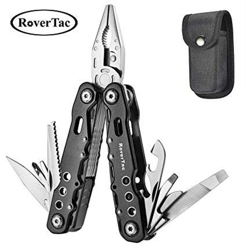12 in 1 Multi Tool with Safety Locking, Rovertac Multitool with Pliers, Knife, Bottle Opener, Screwdriver, Saw and Durable Nylon Sheath-Perfect for Outdoor, Survival, Camping, Fishing, Hiking (Black)