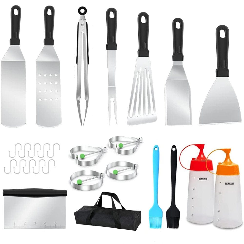 27PCS Griddle Grill Accessories, Flat Top Grill Tools Set for Blackstone and Camp Chef, Outdoor BBQ Utensil Kit Including Spatula, Squeeze Bottle, Tongs, Egg Rings and Bag Griddle Tools