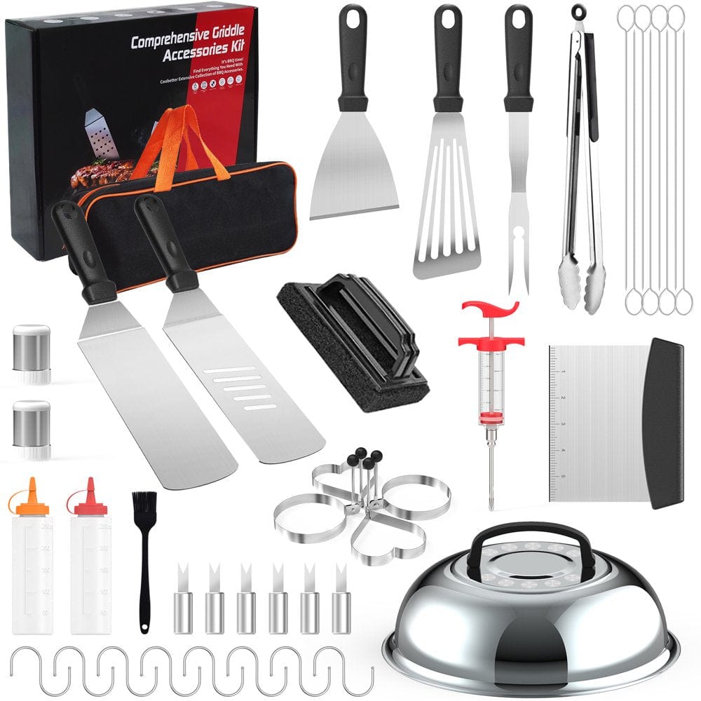 42Pcs Blackstone Griddle Accessories Set BBQ Grill Tool Set Stainless Steel Flat Top Grill Accessories Set with Basting Cover Thermometer Spatula Scraper Storage Bag for Barbecue Teppanyaki Camping