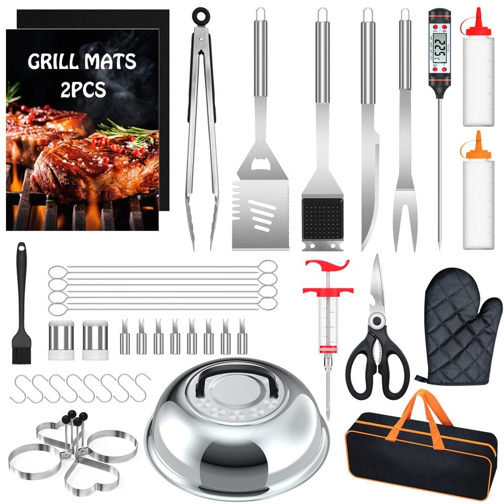 46Pcs Blackstone Griddle Accessories Set BBQ Grill Tool Set Stainless Steel Flat Top Grill Accessories Set for Barbecue Teppanyaki Camping, Including Basting Cover Thermometer Spatula Scraper Storage