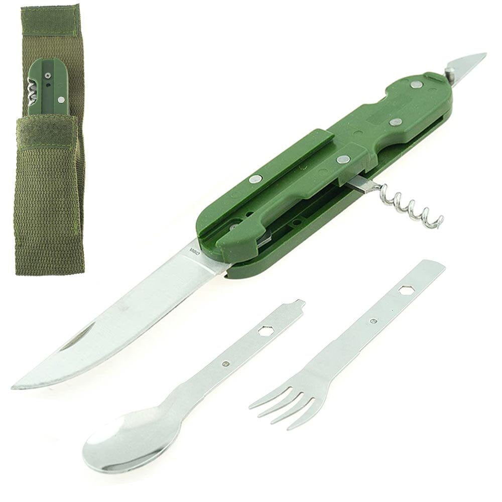 6 Multi Tools Purpose Camping Camper Folding Knife Fork Spoon Emergency Survival