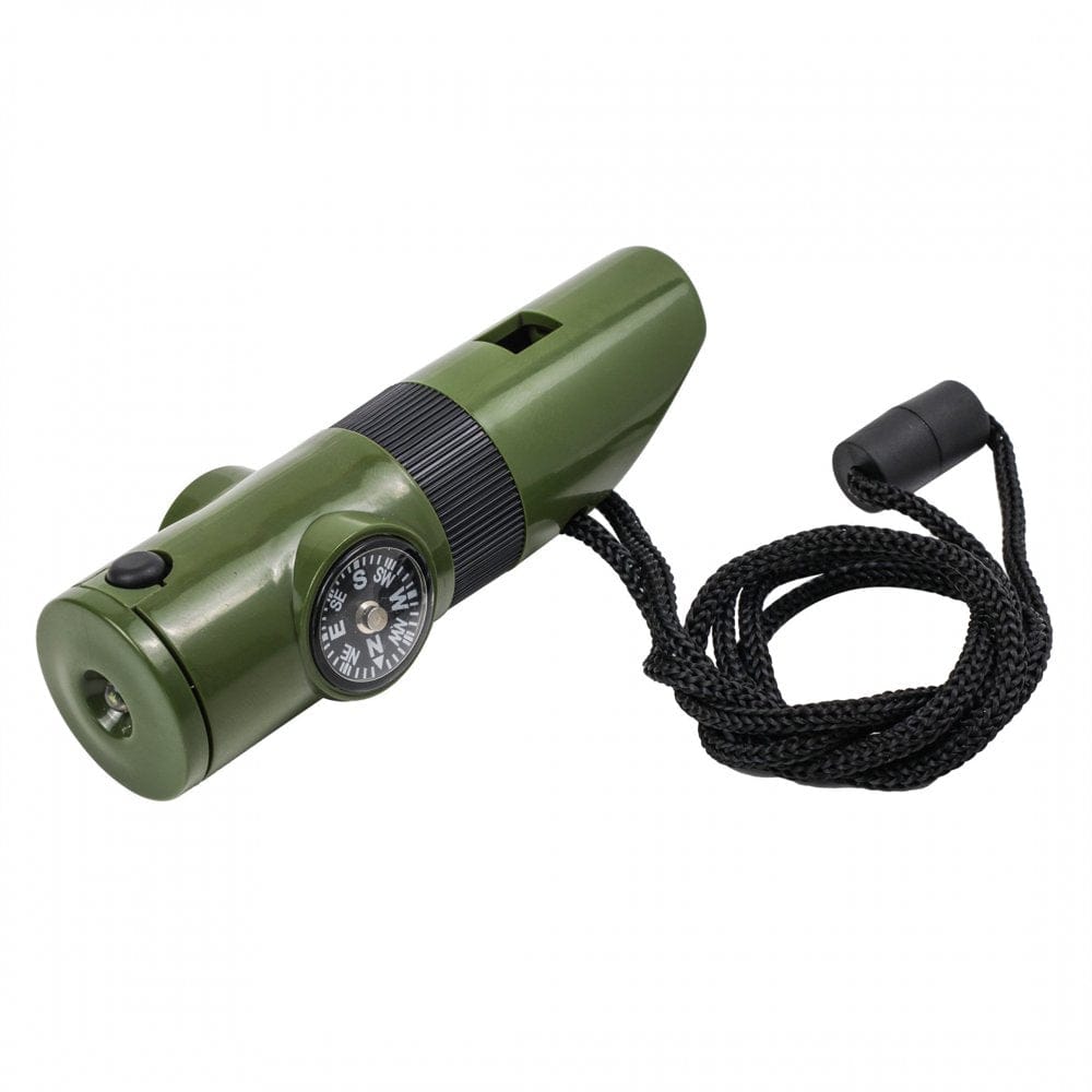 7 in 1 Survival Whistle Multi-Case with LED Flashlight Compass Mirror - Green