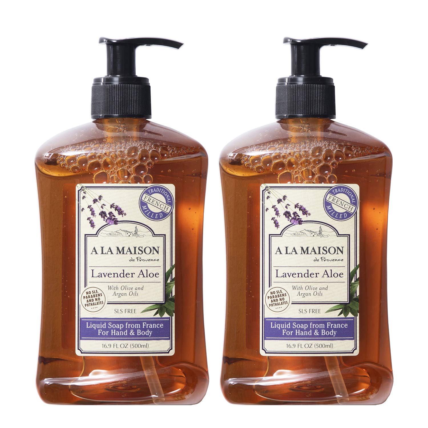 A LA MAISON Liquid Hand Soap, Lavender Aloe - Uses: Hand and Body - Triple French Milled, Essential Oils, Plant Based, Vegan, Cruelty-Free, Alcohol & Paraben Free (16.9 oz, 2 Pack)