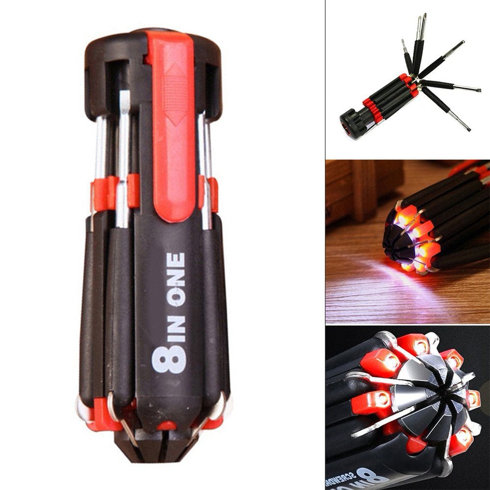 8 in 1 Slotted Cross Screwdriver with LED Light Folding Multitool Repair Tool