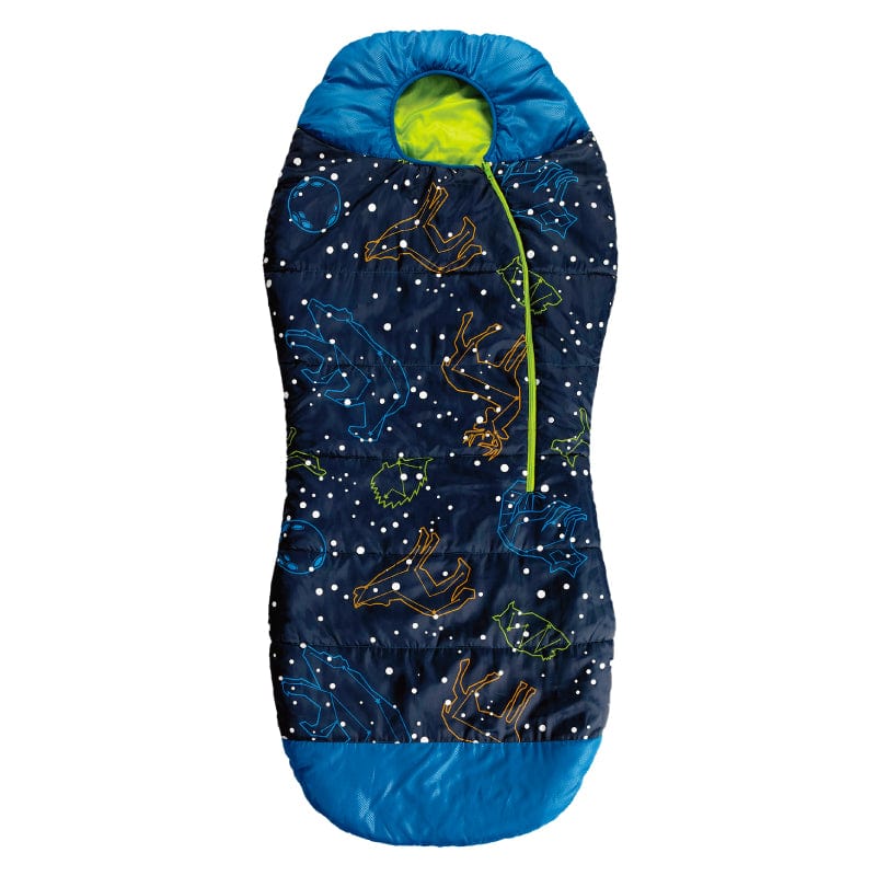 Acecamp Kids Glow-In-The-Dark Sleeping Bag with Compression Sack Blue Mummy Style 30F/ -1C Head Bundle Bottom Seal Enclosed Pocket for Boys