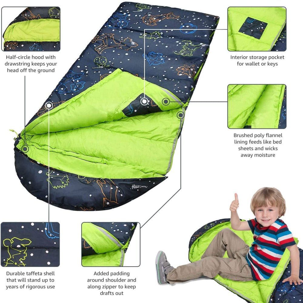 Acecamp Kids Sleeping Bag, Glow-In-The-Dark Sleeping Bag for Kids and Youth, Portable Water-Resistant Kids Sleeping Bag, Temp Rating 30F/ -1℃, for Camping, Hiking, Slumber Party